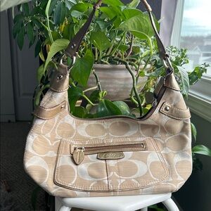 Coach Beige and Tan Signature Shoulder Bag